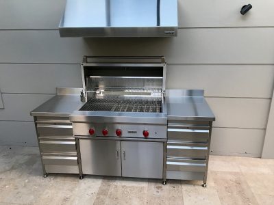 outdoor stainless steel BBQ cabinet and hood ventilation