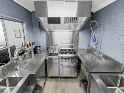 Commercial Kitchen with stainless steel benches and bench tops